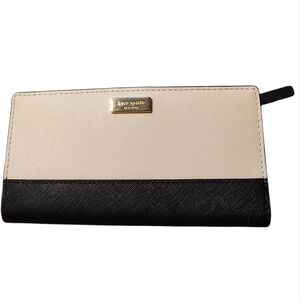 Kate Spade Laurel Way Stacy Snap Wallet Almond Black Leather Saffiano Cream Gold